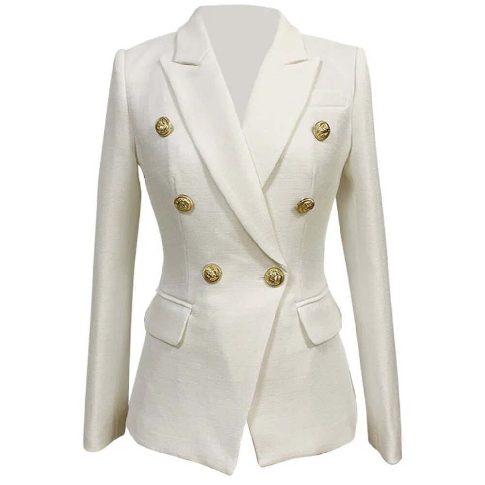 Textured Gold Button Detail Peak Lapel Double Breasted Tailored Blazer